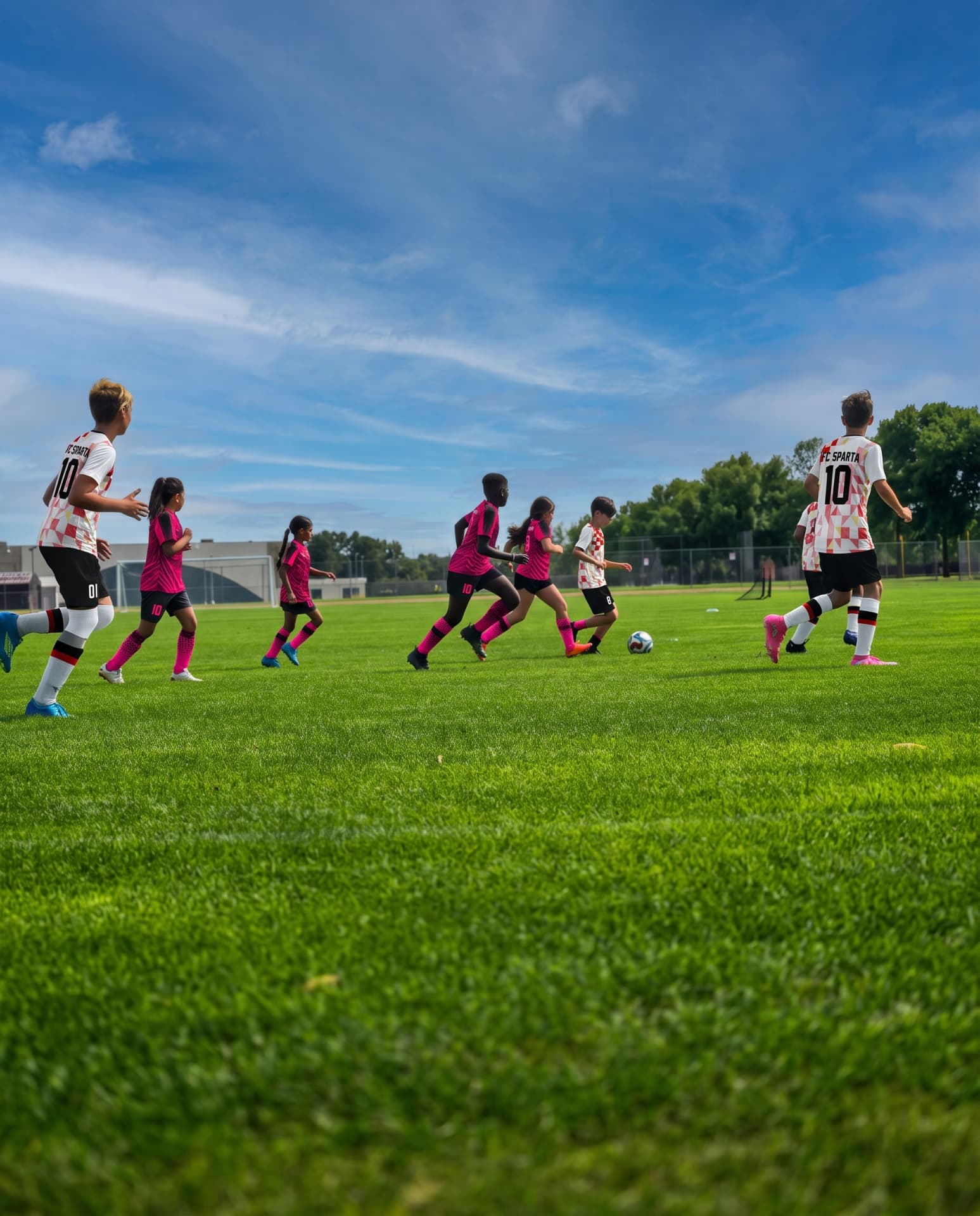 FC Sparta squad sprinting across the pitch during warm-ups