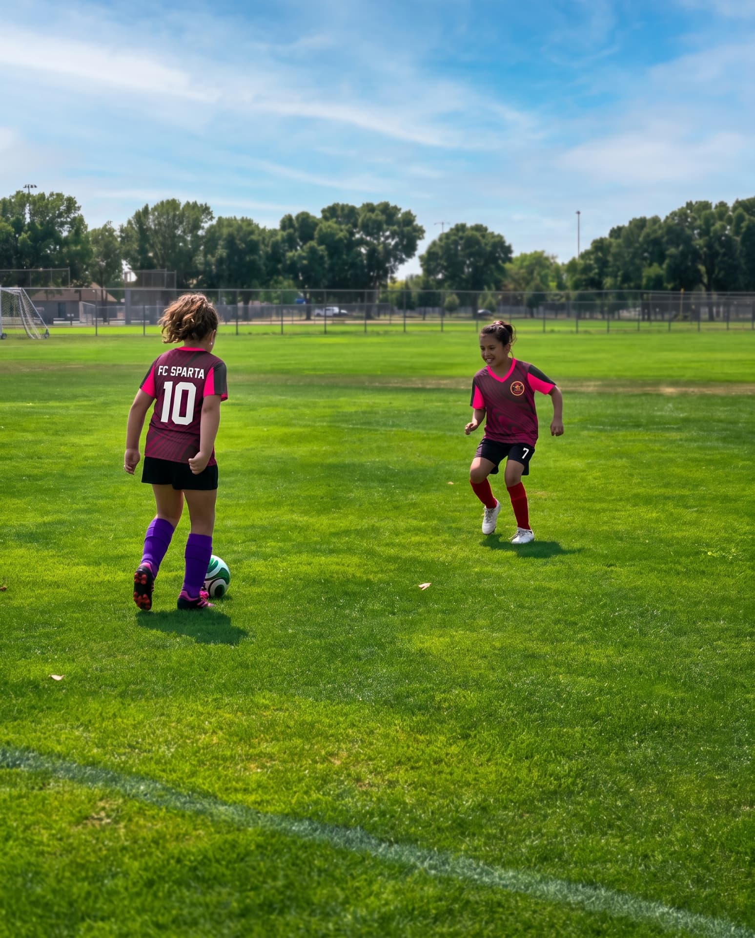 Two FC Sparta girls competing for the ball in the open field
